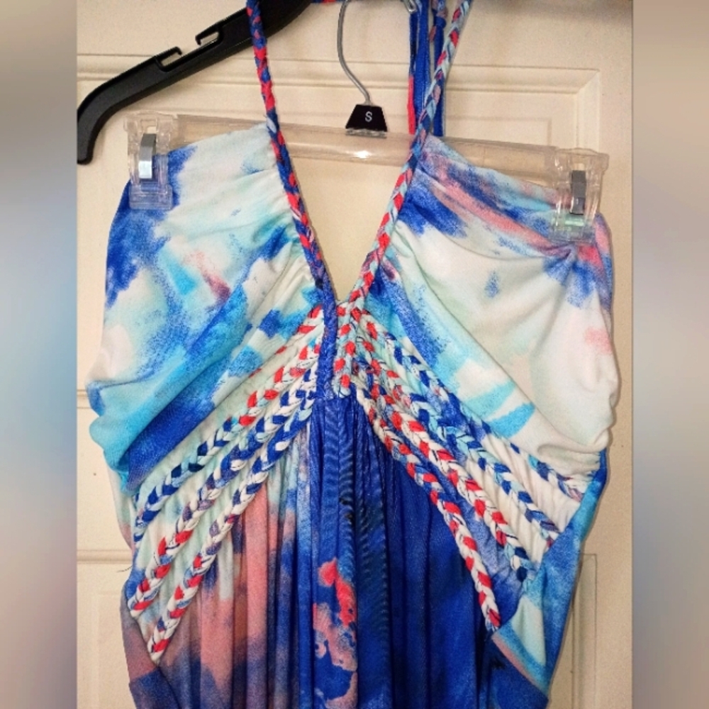 Vibrant Blue and Red Maxi Dress.Dize XL .open Back - Picture 4 of 6